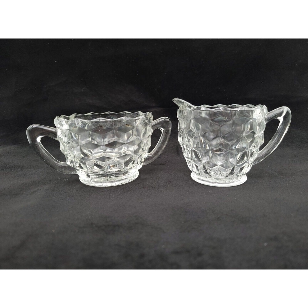 Vintage Fostoria American Glass Cream And Sugar Set Clear Glass Cubist‎ Design